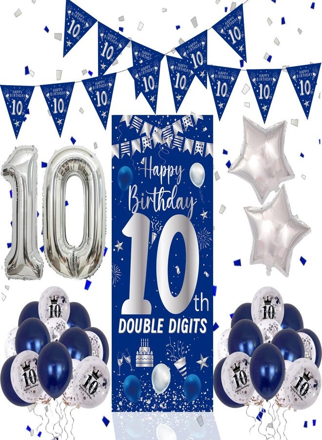 Purtarly 10th Birthday Decorations for Boys Girls, Blue Silver Happy 10th Birthday Double Digits Door Banner Decorations, Number 10 Foil Balloon Triangle Flag 10 Year Old Bday Party Supplies for Son Daughter - Image 1